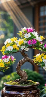 Vibrant bonsai tree with colorful flowers in sunlight.
