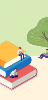 Illustration of colorful books with people reading and a green tree.