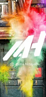 Colorful splash over bookshelf with 'MH' logo.