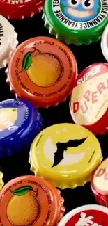 Colorful bottle caps on a black background.