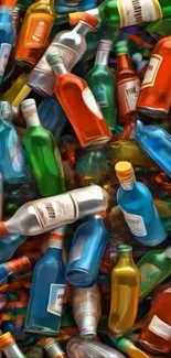 A vibrant array of colorful bottles in a dynamic collage pattern for mobile wallpaper.