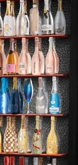 Colorful bottles lined up on sleek shelves.