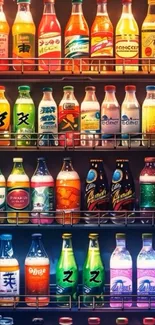 Colorful collection of beverage bottles on a shelf.