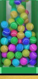 Colorful tennis balls in a vibrant, bouncing display.