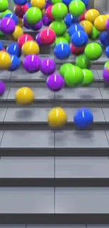 Colorful bouncy balls cascading down steps