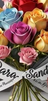 Colorful bouquet of roses with a personalized ribbon.