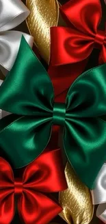 Colorful wallpaper with red, green, white, and gold bows
