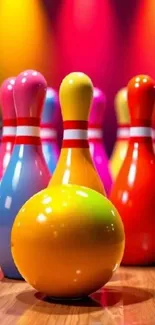 Colorful bowling pins with vibrant background.