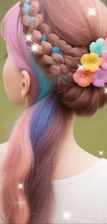 Colorful braided hair with flowers in pastel hues.