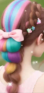 Colorful braided hair wallpaper with floral accents and a pink bow.