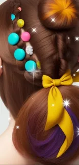 Colorful braided hairstyle with beads and yellow bow.