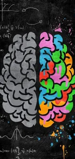 Colorful brain art with equations and splashes on dark background.