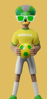 Brazilian fan with green sunglasses and soccer ball on yellow background.