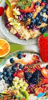 Colorful breakfast table with fruits, oatmeal, waffles, and tea.