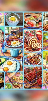 Colorful collage of breakfast dishes in a vibrant wallpaper.