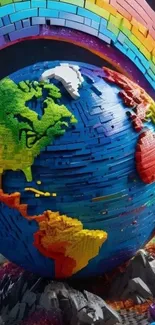 Colorful brick globe with rainbow arches in a vibrant artistic scene.
