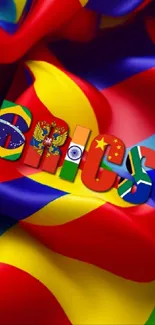 Colorful BRICS flag wallpaper with vibrant swirling patterns.