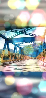 Colorful bridge with bokeh effect and scenic backdrop.