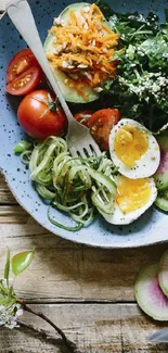Vibrant food wallpaper with healthy brunch and rustic table.