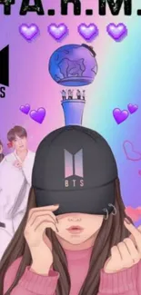 Colorful BTS fan art wallpaper with ARMY and icons.