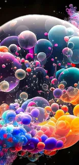 Vibrant abstract wallpaper with colorful bubbles on a black background.