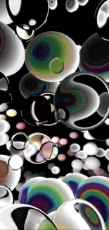 Abstract art wallpaper with colorful bubbles on black.