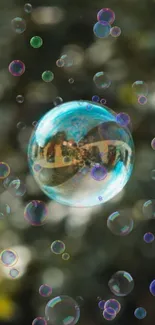 Colorful bubble with bokeh light effects on a nature-themed phone wallpaper.