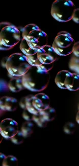 Vibrant iridescent bubbles against a dark background on mobile wallpaper.