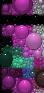 Abstract wallpaper with colorful bubbles in purple, green, and blue on a black background.