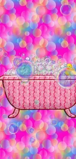 Colorful bubbles and bathtub with a rubber duck on pink background.