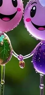 Cheerful bubble characters holding hands on a colorful background.