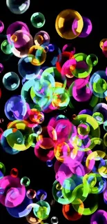 A mobile wallpaper with colorful bubbles on a black background.