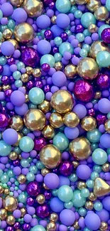 Colorful bubble galaxy with purple, gold, and blue spheres.