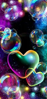 Vibrant heart-shaped bubbles on a cosmic background for mobile wallpaper.