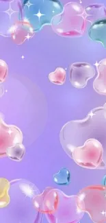 Colorful heart-shaped bubbles on a purple background wallpaper.