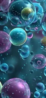 Vibrant colorful bubbles floating on a blue background.