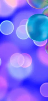 Colorful bubbles on a dreamy blue and purple background for mobile wallpaper.