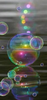 Rainbow bubble reflecting on dark green water.