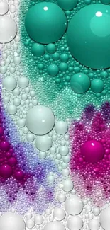 Colorful wallpaper with teal, pink, and white bubbles creating abstract patterns.