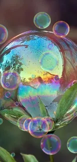 Colorful bubble reflecting a serene landscape with artistic flair.