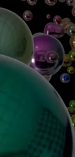 Colorful spheres and glass bubbles on a dark background.