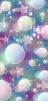 Vibrant mobile wallpaper with colorful bubbles and stars.