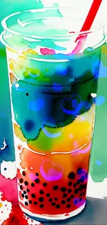 Colorful bubble tea watercolor art with vibrant splashes.