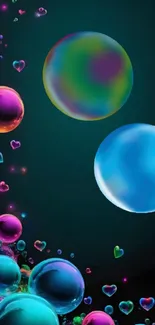 Colorful bubbles and heart design wallpaper with a dark teal background.