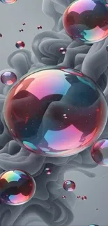 Colorful bubbles on a swirling gray background with abstract design.