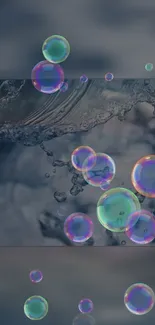 Colorful bubbles floating on a dark watery background.