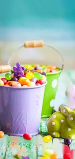 Colorful mobile wallpaper with buckets and jelly beans.