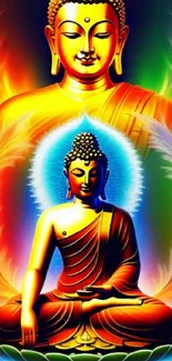 Colorful Buddha meditation art with vibrant orange hues for mobile wallpaper.