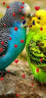 Two colorful budgies perched on a natural rock surface.