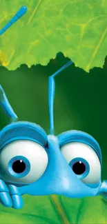 Blue bug peeking under a bright green leaf.